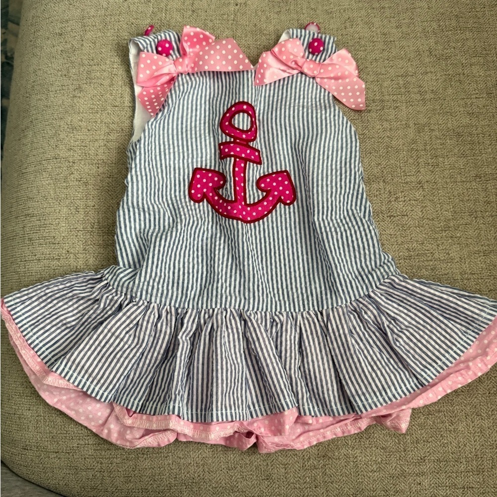 LIL CACTUS Anchor Seersucker Bow Dress Size 6-12‎ months